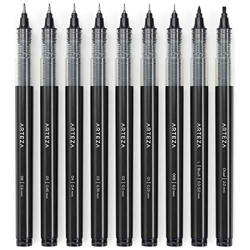 Liquid Micro Line Pens, Black Japanese Ink, Assorted Nibs - Set of 9 - Arteza