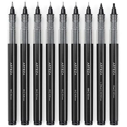 ARTEZA Micro-Line Ink Pens, Set of 9, Black Fineliners with Japanese Archival Ink, Art Supplies for Comic Artists and Illustrators - WoodArtSupply