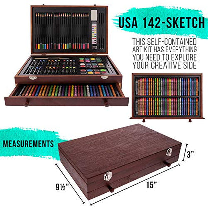 U.S. Art Supply 145-Piece Mega Wood Box Painting and Drawing Set in Storage Case - 2 Sketch Pads, 24 Watercolor Paint Colors, Oil Pastels, Colored