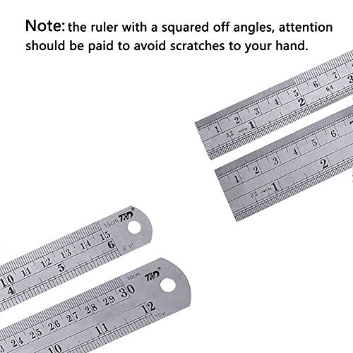 ZZTX Heavy Duty 100% Stainless Steel Ruler Set 12 Inch (30 CM) + 6 Inch (15 CM) Metal Rulers Kit - Perfect Straight Edge for Easy Measurements ZZTX