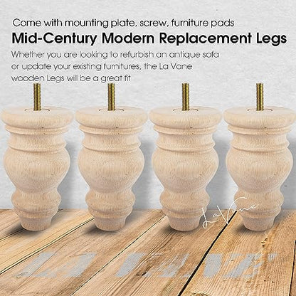 La Vane 5 inch / 12cm Unfinished Wooden Furniture Legs, 4PCS Soild Wood Turned Spindle Replacement Bun Feet with Pre-Drilled M8 Inch Bolt & Mounting