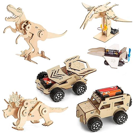 6 in 1 STEM Kits for Kids Ages 8-12, Educational Science Craft Building Kit, Wooden Model Car Kits, Gifts for Boys Ages 8 9 10 11 12 +, Wooden 3D IKUKUER