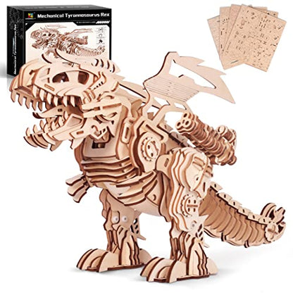 MIEBELY Wooden 3D Puzzles for Adults - Electric Dinosaur Model Kits with Walking and Roaring, Mechanical Dinosaur Toys for Boys Kids, 3D Wood Puzzles Building Kit Gift for Boys Girls Teen Men Him