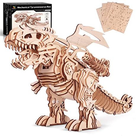 MIEBELY 3D Wooden T-Rex Puzzle Kit with Roaring Sound and Motion for Adults and Kids MIEBELY