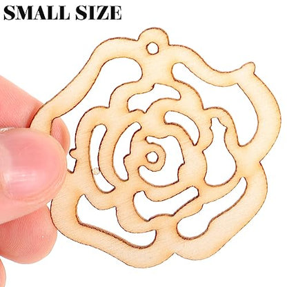 Hollow Rose Flower Mini Wooden Slices DIY Crafts Cutouts Wooden Scrapbooking Flower Shaped Hanging Ornaments for Valentine's Day Wedding Party - WoodArtSupply