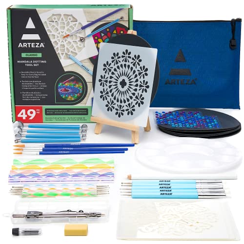 Arteza Mandala Dotting Tools, 49 Pieces — 9 Stencils, 6 Black Paper Circles, 3 Paintbrushes, 3 Rhinestone Sticker Sheets, 1 Easel, Art Supplies to ARTEZA