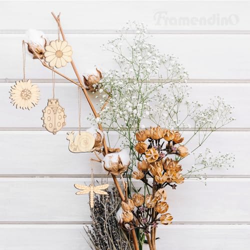 Framendino, 80 Pack Wooden Spring Ornaments to Paint DIY Blank Unfinished Wood Cutouts Ornament for Home Crafts Hanging Decorations Insect Dragonfly Framendino