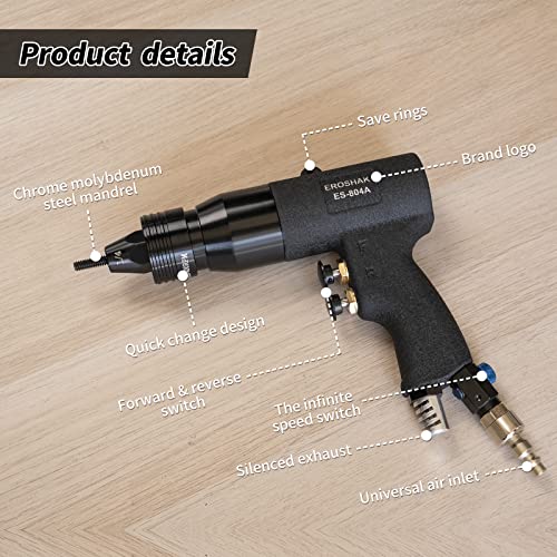 EROSHAK Pneumatic Rivet Nut Gun (10-24 & 1/4 & 5/16 & 3/8) Air Rivet Nut Pull Setter Tool with 4 Size Quick-Change Nose-Piece Assembly, 5pcs Mandrels EROSHAK