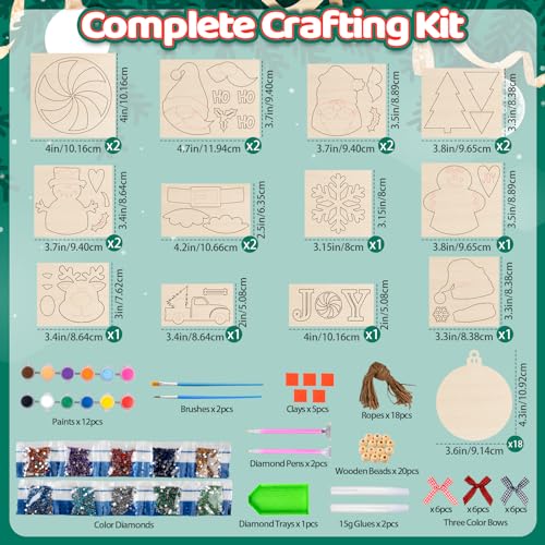 GuassLee DIY Christmas Tree Ornaments Set - Wooden Unfinished Christmas Crafts with Crystal Christmas Patterns for Kids Crafting Painting Christmas GuassLee