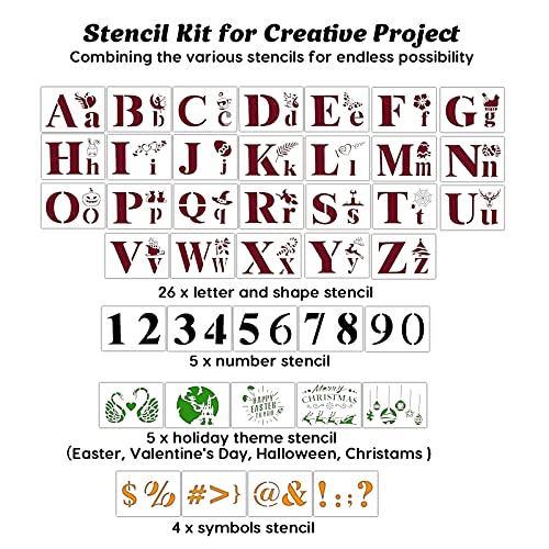 Mocoosy 40Pcs Letter Stencils for Painting on Wood - 4 Inch Alphabet Symbol Number Craft Stencil Templates, Reusable Plastic Drawing Stencil Set for