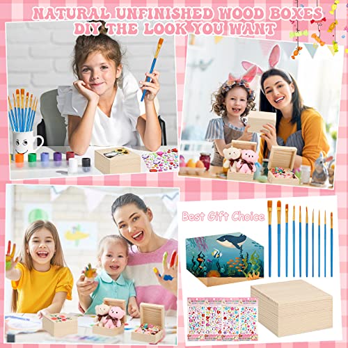 22 Pcs Unfinished Wood Box for Crafts with Magnetic Hinged Lid 3.5 x 3.5 x 2 Inch Wooden Square Paintable Box with 10 Pcs Paint Brushes 4 Sheets Roowest