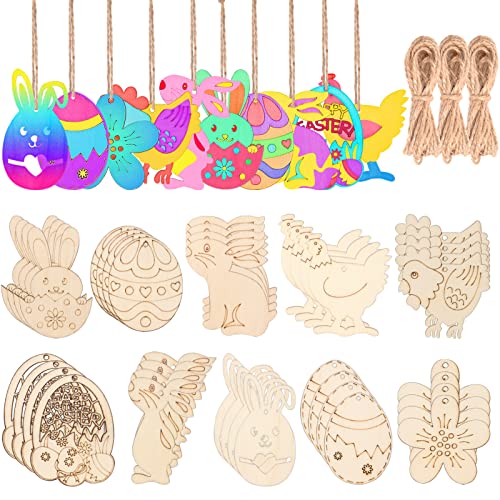 50Pcs Unfinished Wood Easter Ornaments Egg Bunny Chick Flower Cutouts with Holes Wooden Gift Tags Hang Tags Favor Tags Treats Tags with Twines for Easter Party Supplies DIY Crafts Home Decor