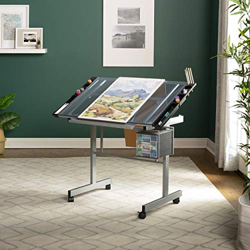 Studio Designs Vision Craft and Drawing Station - 35.5" W by 23.75" D Silver-Blue Glass Top Drafting Table with Pencil Drawers, Side Trays, & - WoodArtSupply