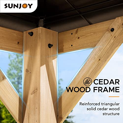 Sunjoy Hardtop Gazebo 13 x 15 ft. Standard Cedar Framed Wood Gazebo with Brown Steel and Polycarbonate Hip Roof Hardtop for Garden, Backyard Shade,