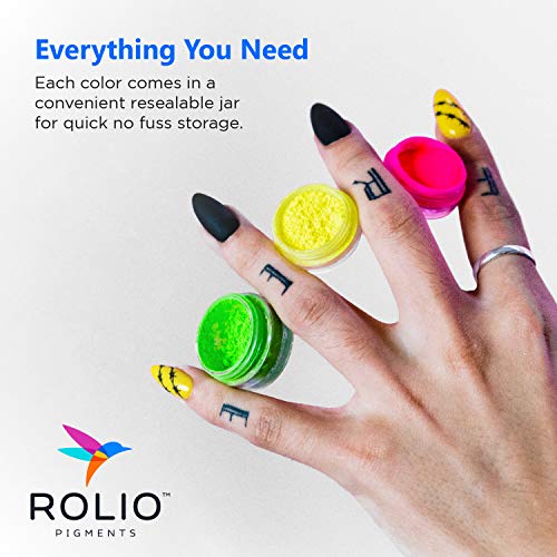 Rolio - Fluorescent Powder - 12 3g Jars of Pigment for Paint, Dye, Soap Making, Nail Polish, Epoxy Resin, Candle Making, Bath Bombs, Slime Rolio