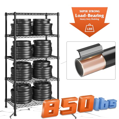 REIBII Wire Shelving Rack 5-Tier Metal Shelves for Storage Adjustable Garage Shelving Heavy Duty Storage Shelves for Storage Rack, 24" W X 14" D X REIBII