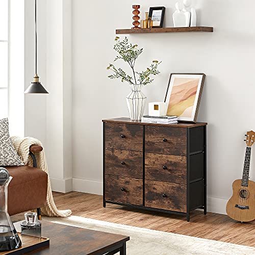 SONGMICS Dresser for Bedroom, Chest of Drawers, 6 Drawer Dresser, Closet Fabric Dresser with Metal Frame, Wooden Top and Front, Brown and Black SONGMICS