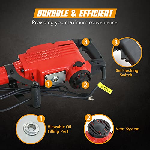 F2C 2200W Heavy Duty Electric Demolition Jack Hammer Concrete Breaker Power Tool Kit 2 Chisel 2 Punch Bit Set W/Case, Gloves F2C