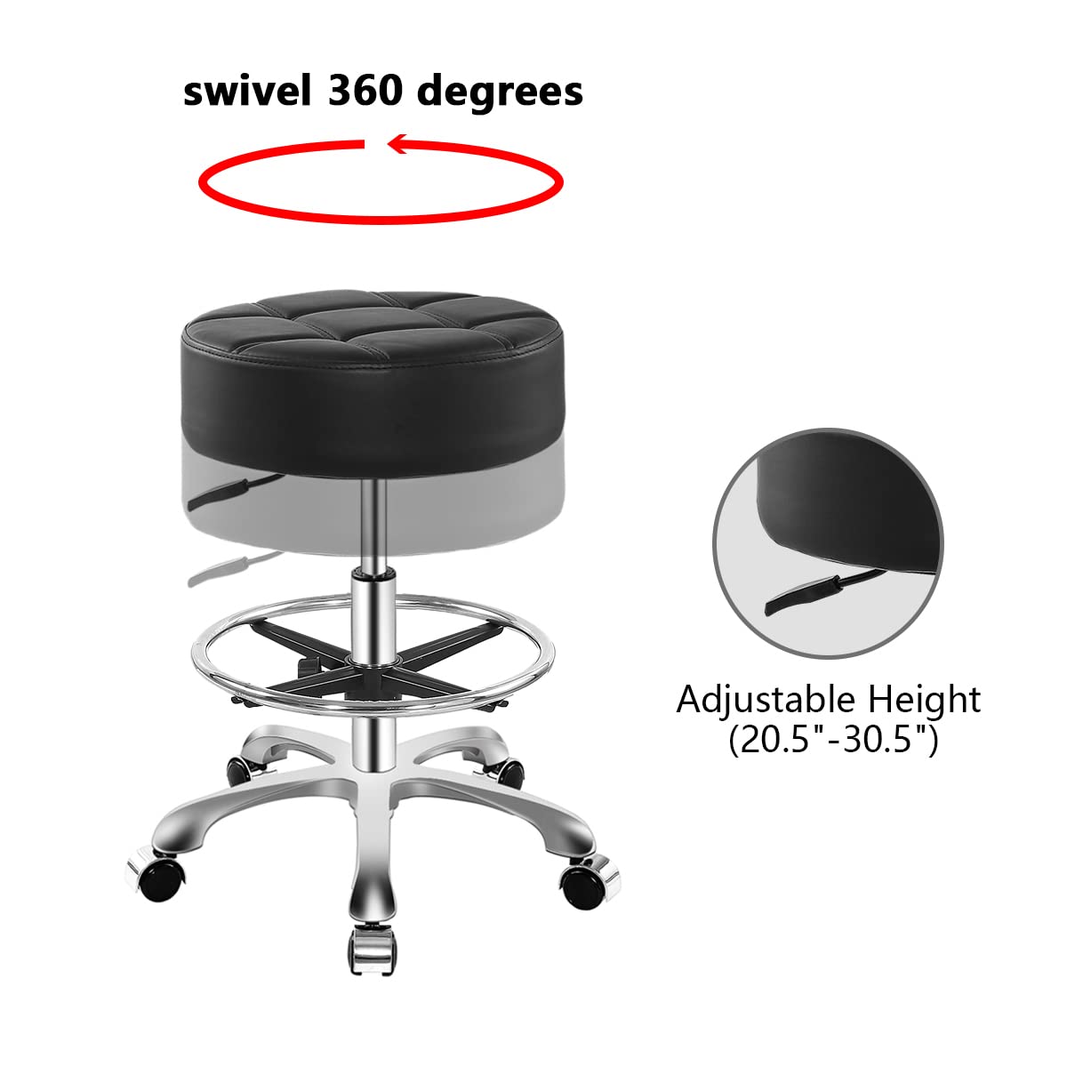 Ainilaily Rolling Stool for Shop Work Medical Tattoo Salon Lash,Heavy Duty Esthetician Hydraulic Chair Stool with Wheels (Black,with Foot Rest) - WoodArtSupply