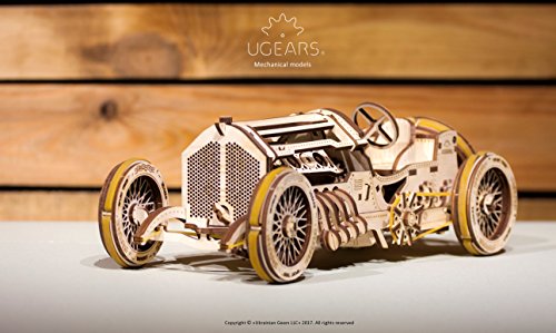 Ugears U-9 Grand Prix Car Wooden Model (DIY Building Kit) Hand-Crank Powered Vehicle w/Working Pistons, Wheels, Shocks | Functional, Authentic Racing UGEARS