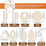 Anjmd 280 Pieces Unfinished Wooden Earrings Blanks Wooden Teardrop/Circle/Triangle/Rectangle Shapes Earrings Pendants Wood Earring Pendant Pieces Anjmd