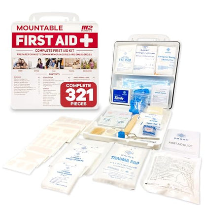 M2 BASICS Complete 321 Piece Emergency First Aid Kit | Business & Home Medical Supplies | Wall Mountable Hard Case | Office, Car, Travel, School, - WoodArtSupply