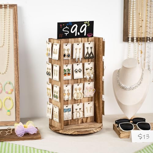 Pinzoveco Rotating Earring Display Stands for Selling with Adversitsing Board, Real Wood Jewelry Display Stand for Vendors, Large Capacity Earring Pinzoveco