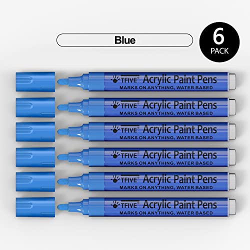 Blue Acrylic Paint Marker Pens - 2-3mm Medium Tip, 6 Pack Permanent Blue Water Based Paint Pen for DIY Projects, Paintings for Rock, Fabric, Wood, TFIVE