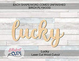 Lucky Script Wood Word, Wood Cutouts for crafts, Laser Cut Wood Shapes 5mm thick Baltic Birch Wood, Multiple Sizes Available Elliefont Styles