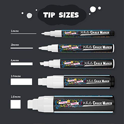 CHALKY CROWN 5pc White Chalk Markers - Non-Toxic Liquid Chalkboard Markers, White Liquid Chalk Marker for Windows, Glass - 1, 3, 6, 10, 15mm Tips CHALKY CROWN