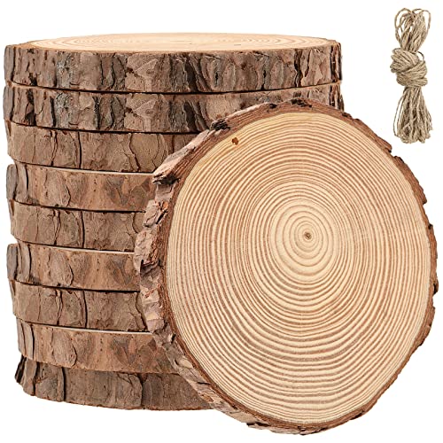 MANCHAP 10 PCS 5.9-6.2 Inch Craft Wood Slices with Hole, Unfinished Wooden Logs Slices with Hanging String, Natural Wood Discs for Crafts, Painting,