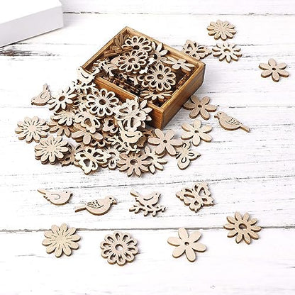 Creaides 100pcs Mini Bird Wood DIY Crafts Cutouts Wooden Bird Flower Butterfly Slices Embellishments Gift Unfinished Wood Ornaments for DIY Projects