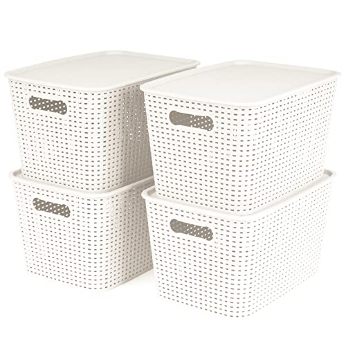 OLLIC Plastic Bins Large Storage with Lids | Korean Organizer Bin Basket Set for Organizing Baskets in Closet and Home (White, Large 4PK) OLLIC
