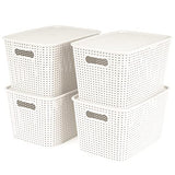 OLLIC Plastic Bins Large Storage with Lids | Korean Organizer Bin Basket Set for Organizing Baskets in Closet and Home (White, Large 4PK) OLLIC