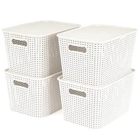 OLLIC Plastic Bins Large Storage with Lids | Korean Organizer Bin Basket Set for Organizing Baskets in Closet and Home (White, Large 4PK) OLLIC