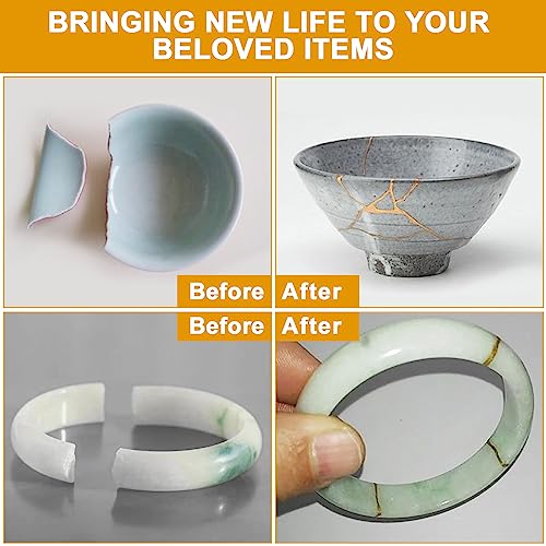 REALINN Kintsugi Repair Kit, Restore Broken Ceramics with Gold Powder &  50ml Glue, with 2pcs Practice Cups, Suitable Gift for DIY Kintsugi Repair