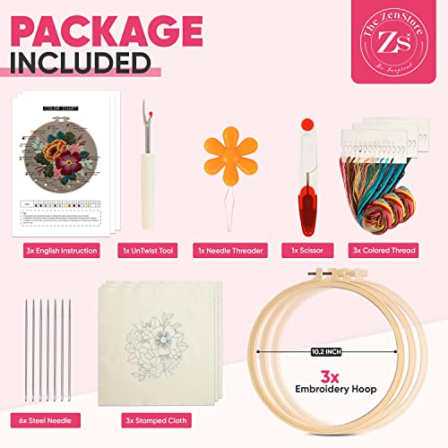 ZENSTORE 3 Sets Embroidery Kit For Beginners Adults - 3 Plastic Hoops And 3 Flowers Hand Embroidery Patterns - Needlepoint Kits For Adults - Easy The ZenStore