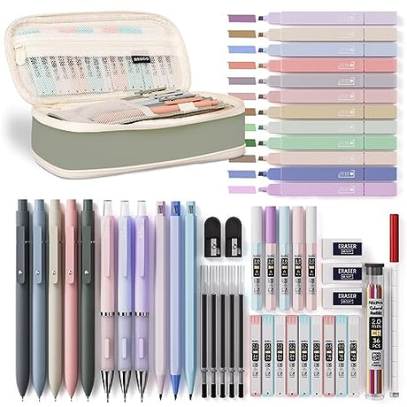 Nicpro 50 PCS Aesthetic School Supplies with Pen Case, 12 Colors Chisel Tip Cute Highlighters, 5 Quick Dry Retractable Black Ink Pens, 6 Pastel Nicpro