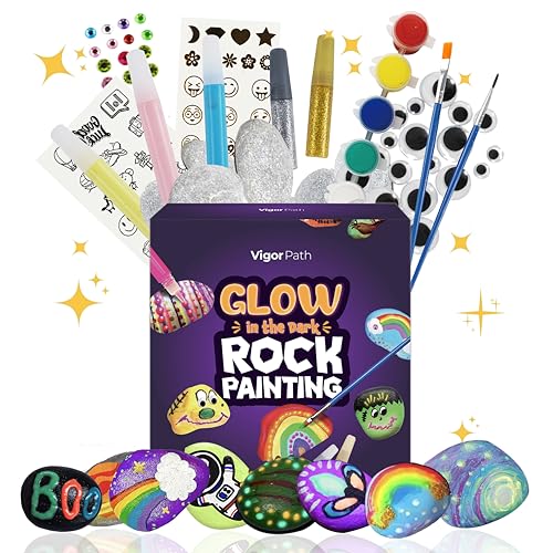 VIGOR PATH Kids Rock Painting Kit: 28-Piece Art and Craft Bundle - Includes 10 Paints (Glow in The Dark and Standard), Crafting Supplies, Ideal for