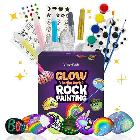 VIGOR PATH Kids Rock Painting Kit: 28-Piece Art and Craft Bundle - Includes 10 Paints (Glow in The Dark and Standard), Crafting Supplies, Ideal for VIGOR PATH