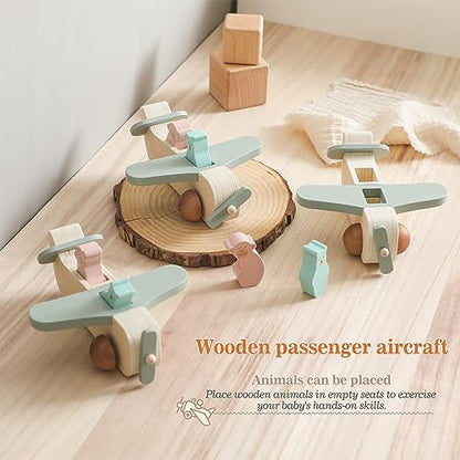 ibwaae Wooden Airplane Toys, Air Transport Vehicles Play Set, Wooden Pull Games, STEM Learning Gift Montessori Toy for Baby Toddler Boys Girls