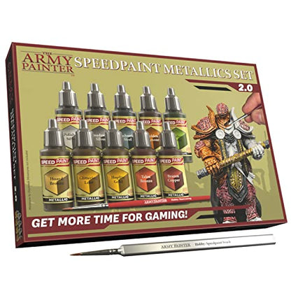 The Army Painter Speedpaint Metallics Set 2.0+ - 10 Speed Model Paint Kit - Pre-Loaded with Mixing Balls, 1 Basecoating Model Paint Brush, Army - WoodArtSupply