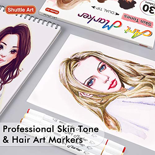 Shuttle Art 30 Colors Skin Tone&Hair Art Markers, Dual Tip Alcohol Based Flesh Color Marker Pen Set Contains 1 Blender Perfect for Kids & Adults