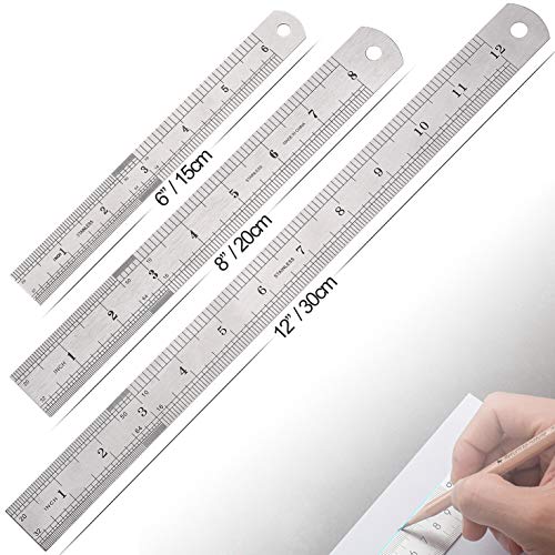 Elisel 3 PCS Stainless Steel Ruler Set with Inch and Metric Graduation, 12 Inch, 8 Inch and 6 Inch(Silvery) Elisel