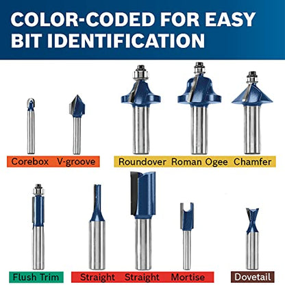 BOSCH RBS010 10-Piece 1/2 In. and 1/4 In. Shank Carbide-Tipped All-Purpose Professional Router Bits Assorted Set with Case for Applications in