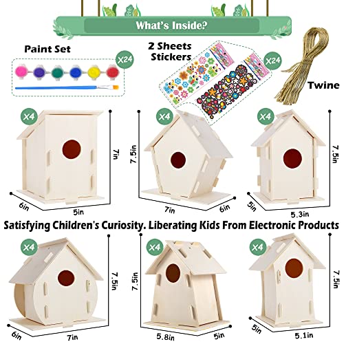 24 Pack Large DIY Bird Houses Kits for Kids, Kids Craft Kits Wood Houses for DIY Crafts Class Parties, 24 Birdhouse Kits with 24 Paint Strips &