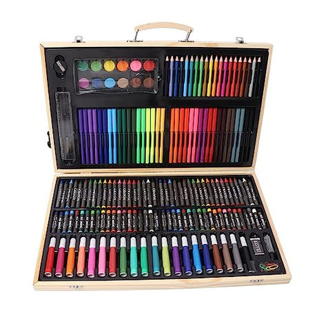 Miskall Kids Drawing Kit, Wood Box Packed Assorted Bright Colors Multi Purpose Wooden Art Set for Children Coloring Painting Miskall