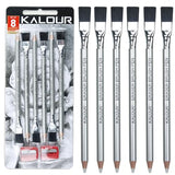KALOUR Detail Eraser Pencil - 6pc Eraser Pencils with Brush and 2pc Sharpener,Erasing Small Details or add Highlights for Sketching, Charcoal KALOUR
