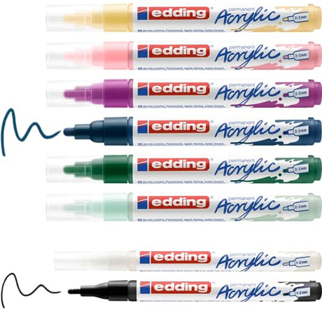 edding Start Easy Set - acrylic paint pens, waterproof; fine and medium nib, incl. postcard pad - set of 8 acrylic pens (nordic) - acrylic pens for edding