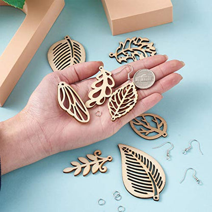 FASHEWELRY 80Pcs Unfinished Leaf Wooden Earrings Pendants 8 Styles Natural Filigree Hollow Wood Leaf Charms with 80Pcs Jump Rings & 80Pcs Earring